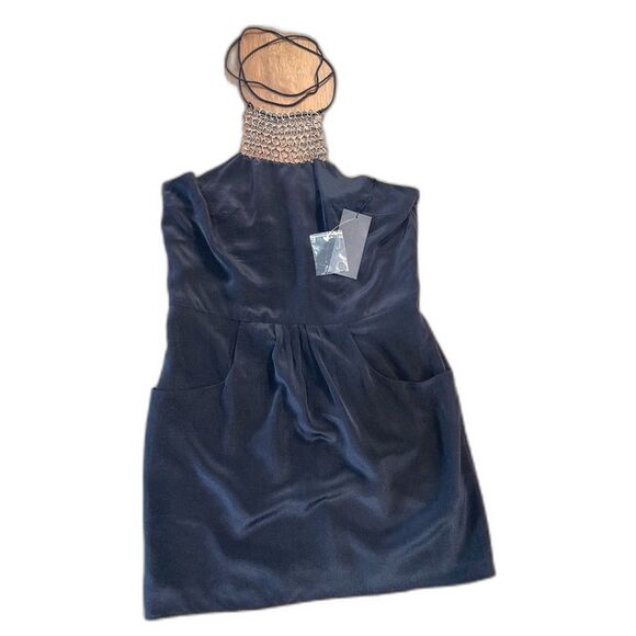 Sheri Bodell Black Silk Halter Mini Dress S Metal Ring Detail Tribeca Glam NWT - Picture 7 of 9